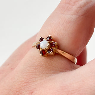 Natural Garnet & Precious Opal Flower | 9ct Gold | Size N | 2.34g