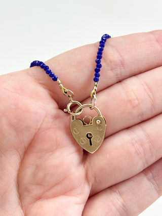Heart Padlock & Blue Beaded Necklace | 9ct Gold | 16-Inch | 4.27g