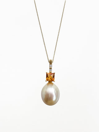 Cultured Pearl, Diamond & Citrine Drop Pendant | 18-Inch Fine Cable Link Chain | 4.39g | 3cm