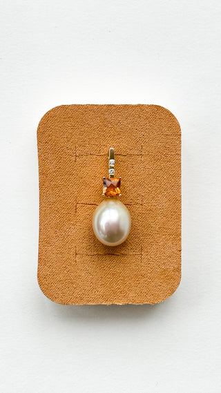 Cultured Pearl, Diamond & Citrine Drop Pendant | 18-Inch Fine Cable Link Chain | 4.39g | 3cm