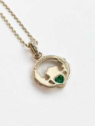 Claddagh Charm | 9ct Gold | Green Stone | 18-Inch Fine Cable Link Chain | 3.75g