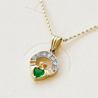 Claddagh Crystal Charm | 9ct Gold | 18inch Fine Cable Link Chain | 2.3g