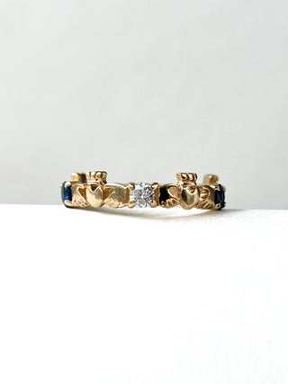 Sapphire & Diamond Claddagh Ring | 9ct Gold | Size O | 2.41g