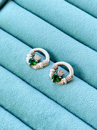Claddagh Green Glass Stud Earrings | 925 Silver | 3.94g