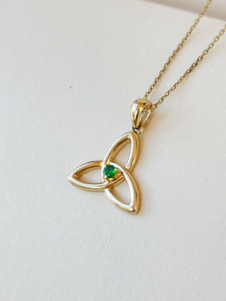 Gold Trinity Knot Green Glass Pendant | Diamond Chain | 9ct Gold | 18–20-Inch | 1.18g