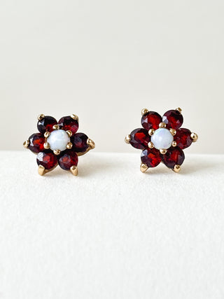 Garnet & Precious Opal Flower Stud Earrings | 9ct Gold | 1.17g