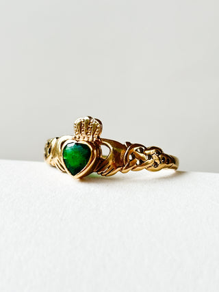 Green Agate Claddagh Ring | 9ct Gold | Size U | 2.04g
