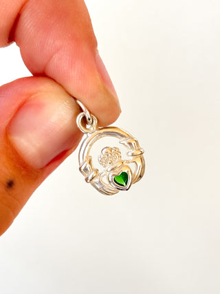 Green Crystal Claddagh Pendant | Sterling Silver | 1.37g