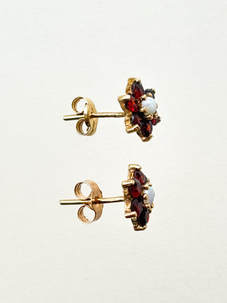 Garnet & Precious Opal Flower Stud Earrings | 9ct Gold | 1.17g