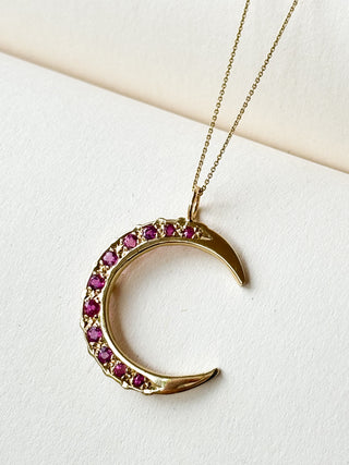 Crescent Moon with Natural & Syn Rubies | 9ct | 18-Inch Diamond Anchor Chain | 2.19g