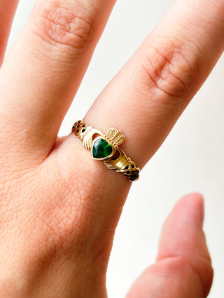Green Agate Claddagh Ring | 9ct Gold | Size U | 2.04g