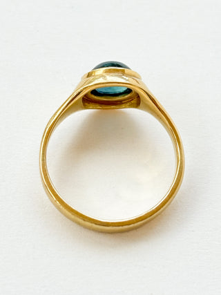 Blue-Green Bi-Colour Tourmaline Cabochon Solitaire Ring | 18ct Gold | Size Q | 5.85g