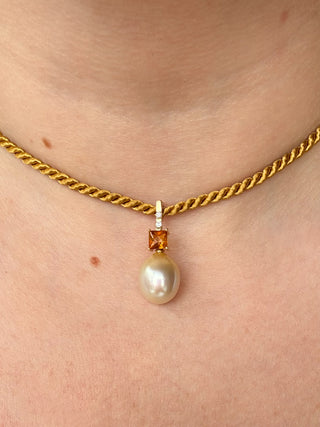 Cultured Pearl, Diamond & Citrine Drop Pendant | 18-Inch Fine Cable Link Chain | 4.39g | 3cm