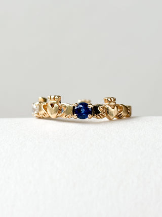 Sapphire & Diamond Claddagh Ring | 9ct Gold | Size O | 2.41g