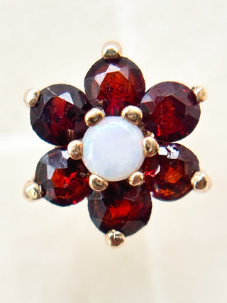 Garnet & Precious Opal Flower Stud Earrings | 9ct Gold | 1.17g