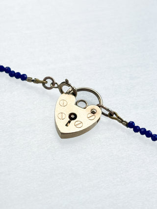 Heart Padlock & Blue Beaded Necklace | 9ct Gold | 16-Inch | 4.27g