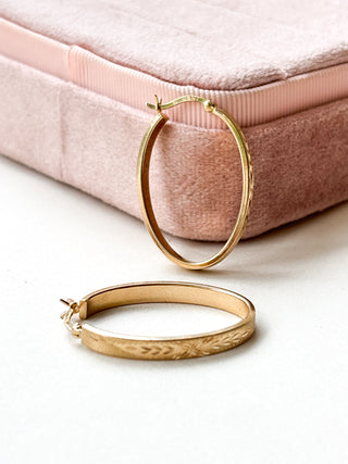 Oval Engraved Hoop Earrings | 9ct Gold | 2cm x 3cm | 2.25g