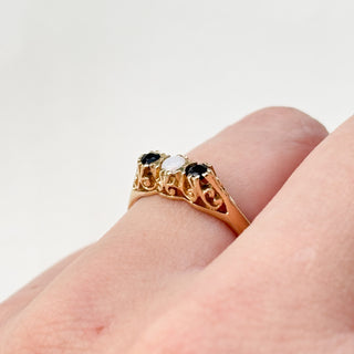 Precious Opal & Natural Sapphire Trilogy Ring | 9ct Gold | Size O | 2.80g