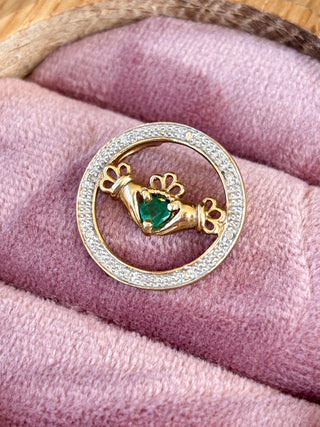 Claddagh Diamond & Emerald Charm | 9ct Gold | 18-Inch Fine Cable Link Chain | 2.30g