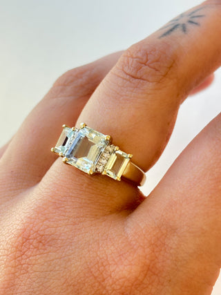 Diamond & Aquamarine Square Trilogy Ring | 9ct Gold | Size O | 3.39g (resize to M)