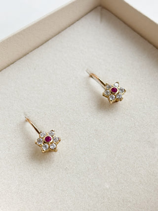 Flower Syn Ruby & CZ Earrings | 9ct Gold | 2.13g