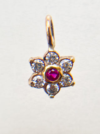 Flower Pendant with Syn Ruby & CZ | 9ct Gold | 18-Inch Diamond Anchor Chain | 0.72g