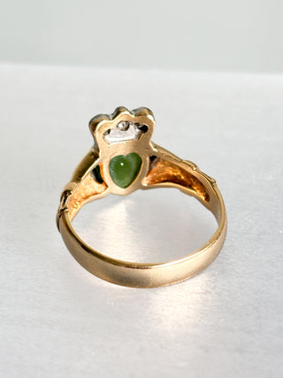 Diamond & Jade Claddagh Ring | 14ct Gold | Size T | 5.96g