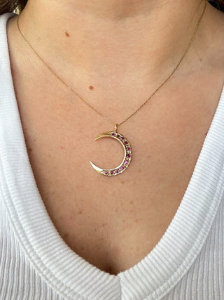Crescent Moon with Natural & Syn Rubies | 9ct | 18-Inch Diamond Anchor Chain | 2.19g