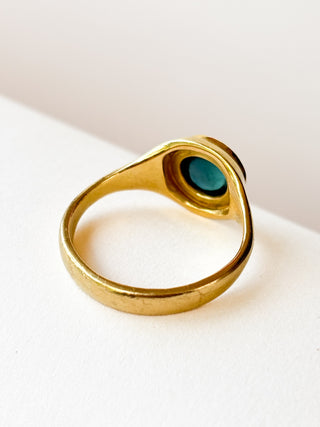 Blue-Green Bi-Colour Tourmaline Cabochon Solitaire Ring | 18ct Gold | Size Q | 5.85g