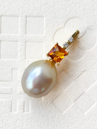 Cultured Pearl, Diamond & Citrine Drop Pendant | 18-Inch Fine Cable Link Chain | 4.39g | 3cm