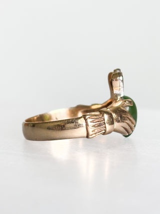 Diamond & Jade Claddagh Ring | 14ct Gold | Size T | 5.96g