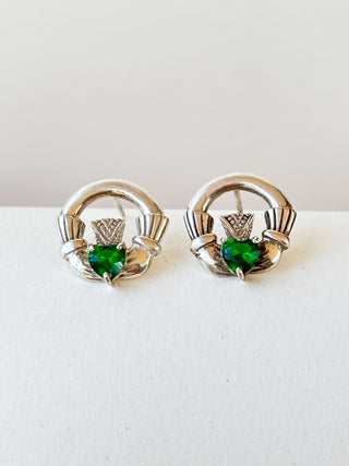 Claddagh Green Glass Stud Earrings | 925 Silver | 3.94g