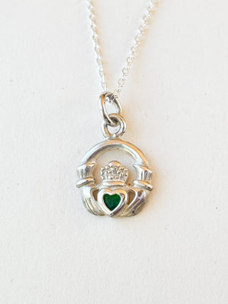 Green Crystal Claddagh Pendant | Sterling Silver | 1.37g