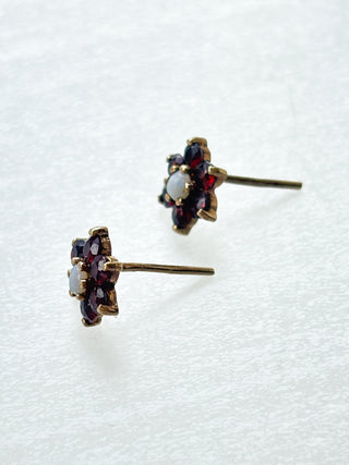 Garnet & Precious Opal Flower Stud Earrings | 9ct Gold | 1.17g