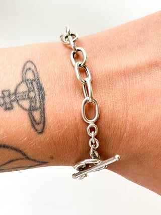 Silver T-Bar Cable Link Bracelet | 925 Silver | 7.7-Inch | 9.87g