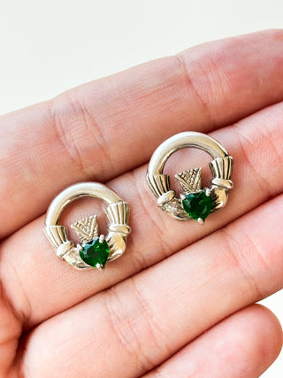 Claddagh Green Glass Stud Earrings | 925 Silver | 3.94g