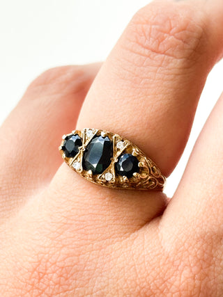 Natural Sapphire & CZ Trilogy Ring | 9ct Gold | Size P | 3.16g