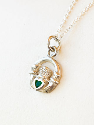 Green Crystal Claddagh Pendant | Sterling Silver | 1.37g