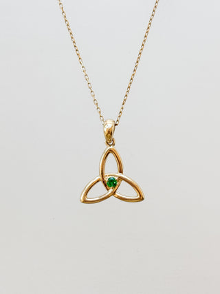 Gold Trinity Knot Green Glass Pendant | Diamond Chain | 9ct Gold | 18–20-Inch | 1.18g