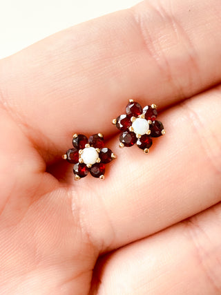 Garnet & Precious Opal Flower Stud Earrings | 9ct Gold | 1.17g