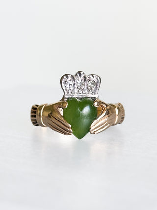 Diamond & Jade Claddagh Ring | 14ct Gold | Size T | 5.96g