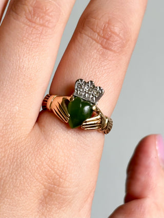 Diamond & Jade Claddagh Ring | 14ct Gold | Size T | 5.96g