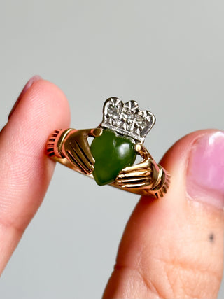 Diamond & Jade Claddagh Ring | 14ct Gold | Size T | 5.96g