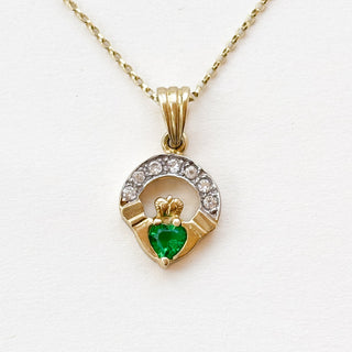 Claddagh Crystal Charm | 9ct Gold | 18inch Fine Cable Link Chain | 2.3g