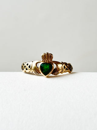 Green Agate Claddagh Ring | 9ct Gold | Size U | 2.04g