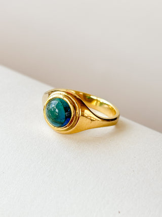 Blue-Green Bi-Colour Tourmaline Cabochon Solitaire Ring | 18ct Gold | Size Q | 5.85g