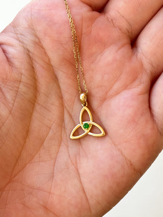 Gold Trinity Knot Green Glass Pendant | Diamond Chain | 9ct Gold | 18–20-Inch | 1.18g