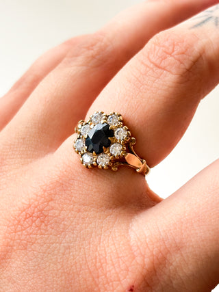 Sapphire & CZ Cluster Ring | 9ct Gold | Size O | 2.84g