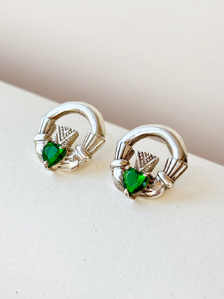 Claddagh Green Glass Stud Earrings | 925 Silver | 3.94g