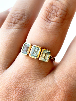 Aquamarine Rectangle Trilogy Ring | 9ct Gold | Size N½ | 2.71g